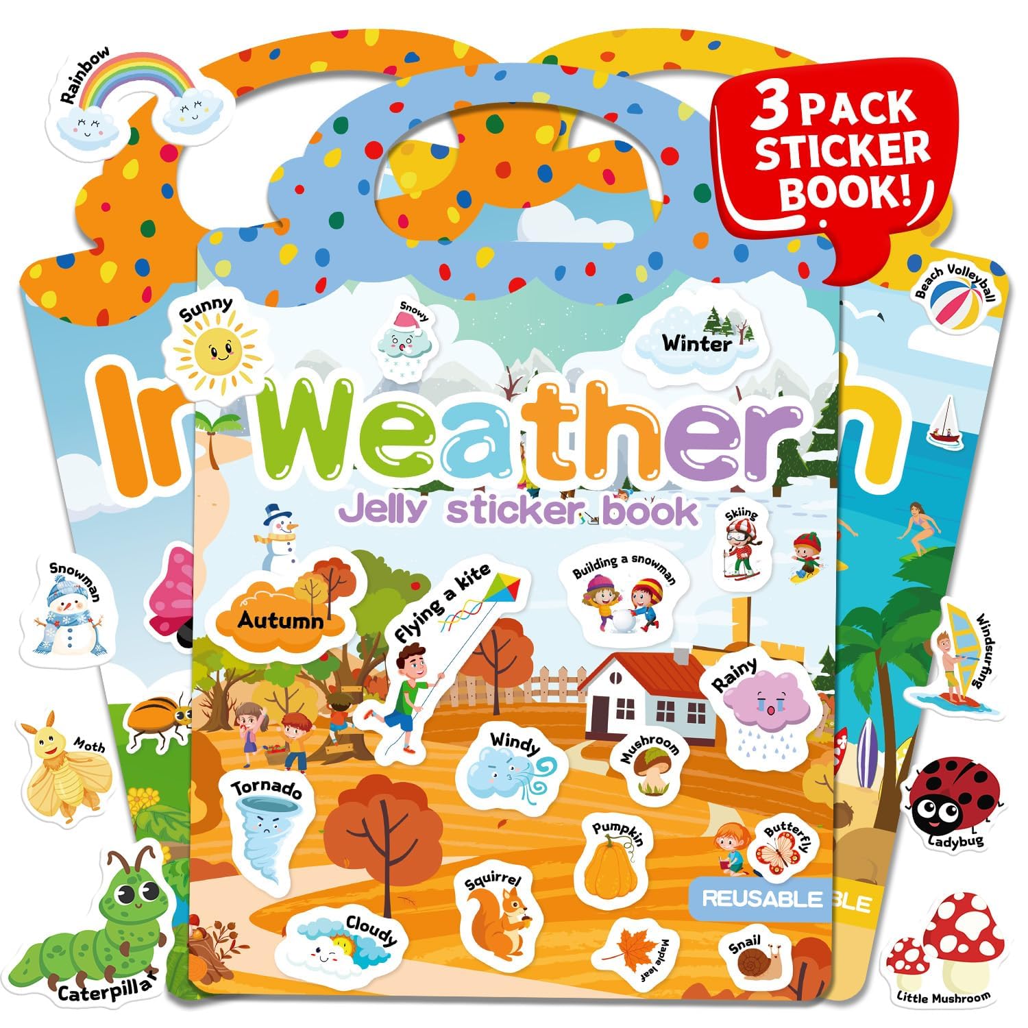 3 Sets Reusable Sticker Book for Toddlers 3-6, Jelly Sticker Books for Toddler, Travel Sticker Activity Toys for Kids 3 4 5 6 Years Old Girls &amp; Boys（Weather + Insect + Beach）