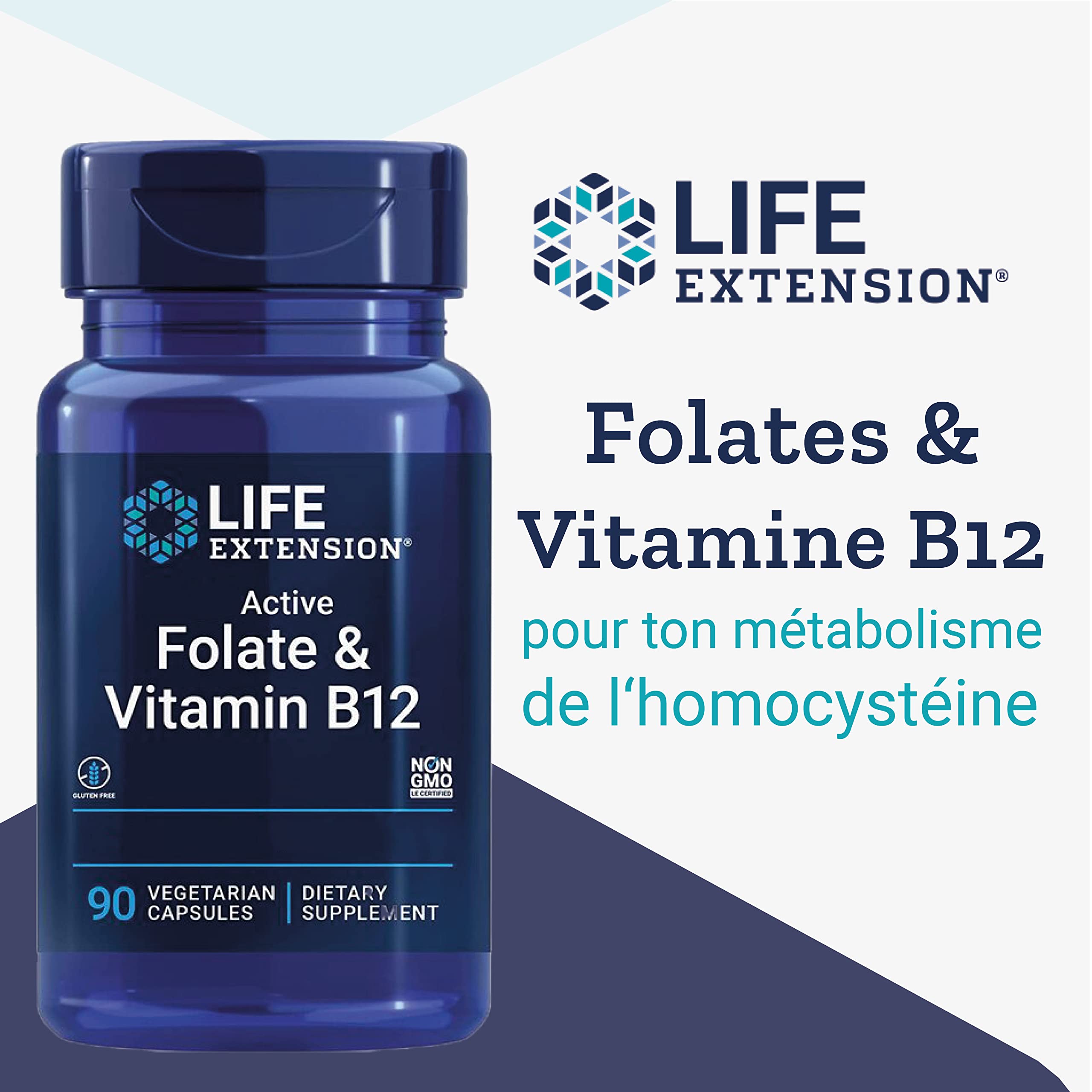 Life Extension, Bioactive Folate & Vitamine B12, Hautement Dosé, 90 Capsules végétaliennes, Végétarien, Sans Gluten, Sans Soja, Sans OGM