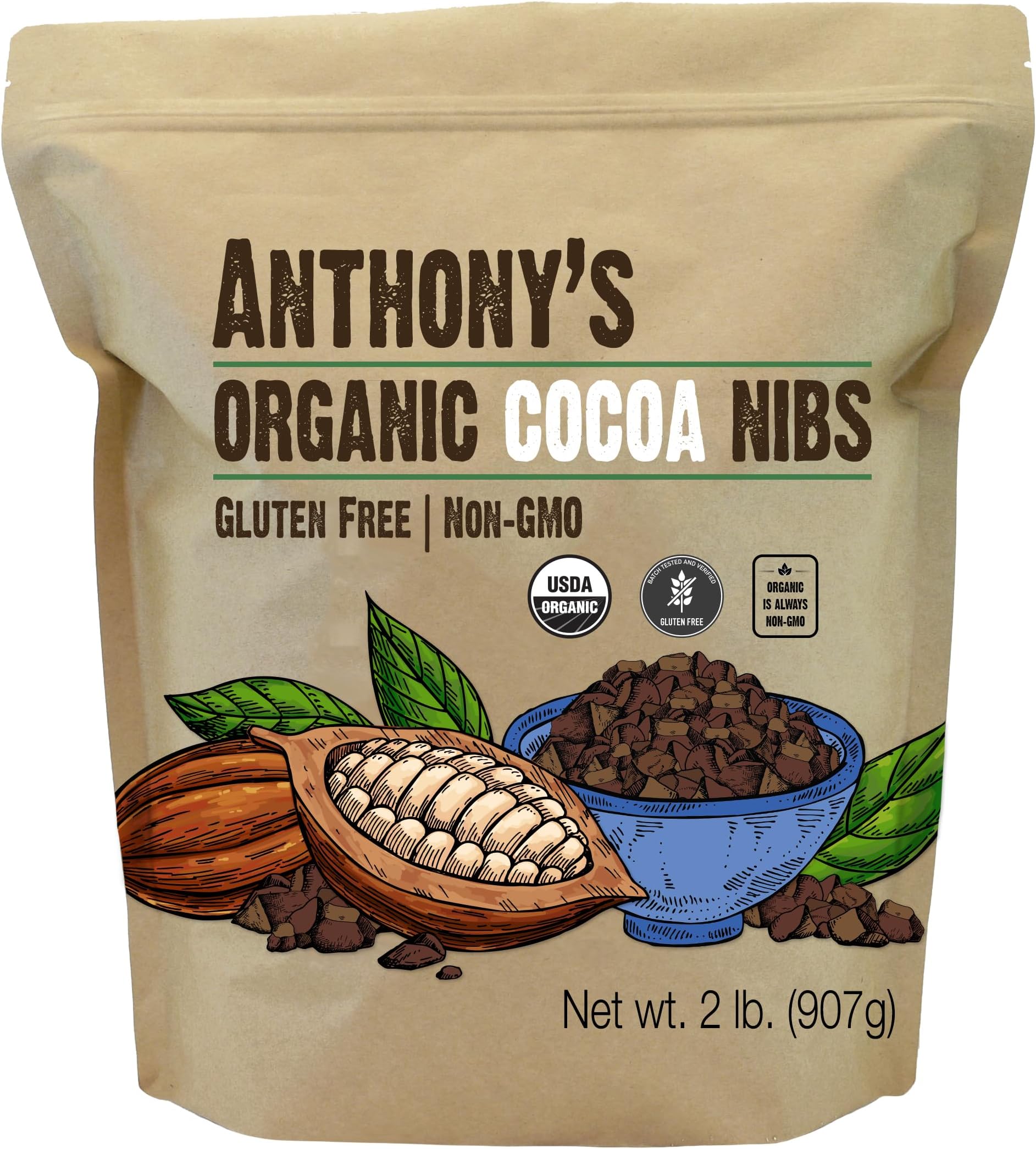 Organic Cacao Cocoa Nibs, 2 lb, Batch Tested and Verified Gluten Free