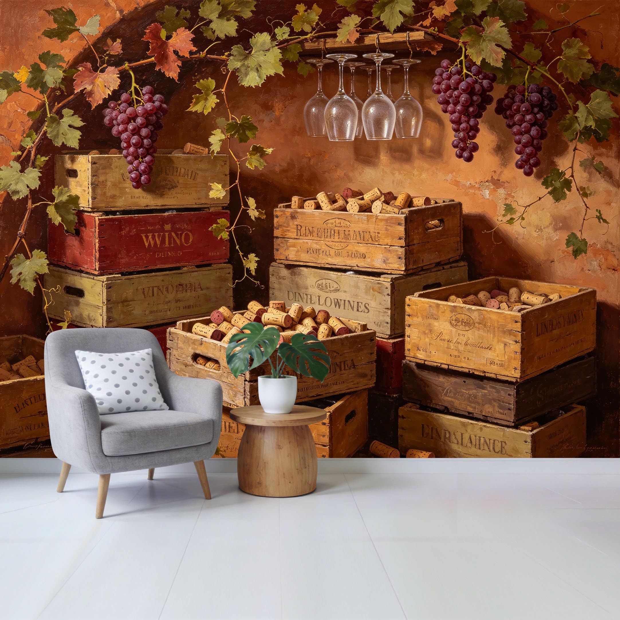 Qzlithotic Yq2605251157 Custom Size Wall Mural Vintage Vineyard Wine Crate Grape Vine Oil Painting Style Selfadhesive Wall Fabric Removable Wallpaper For Home Office Decor