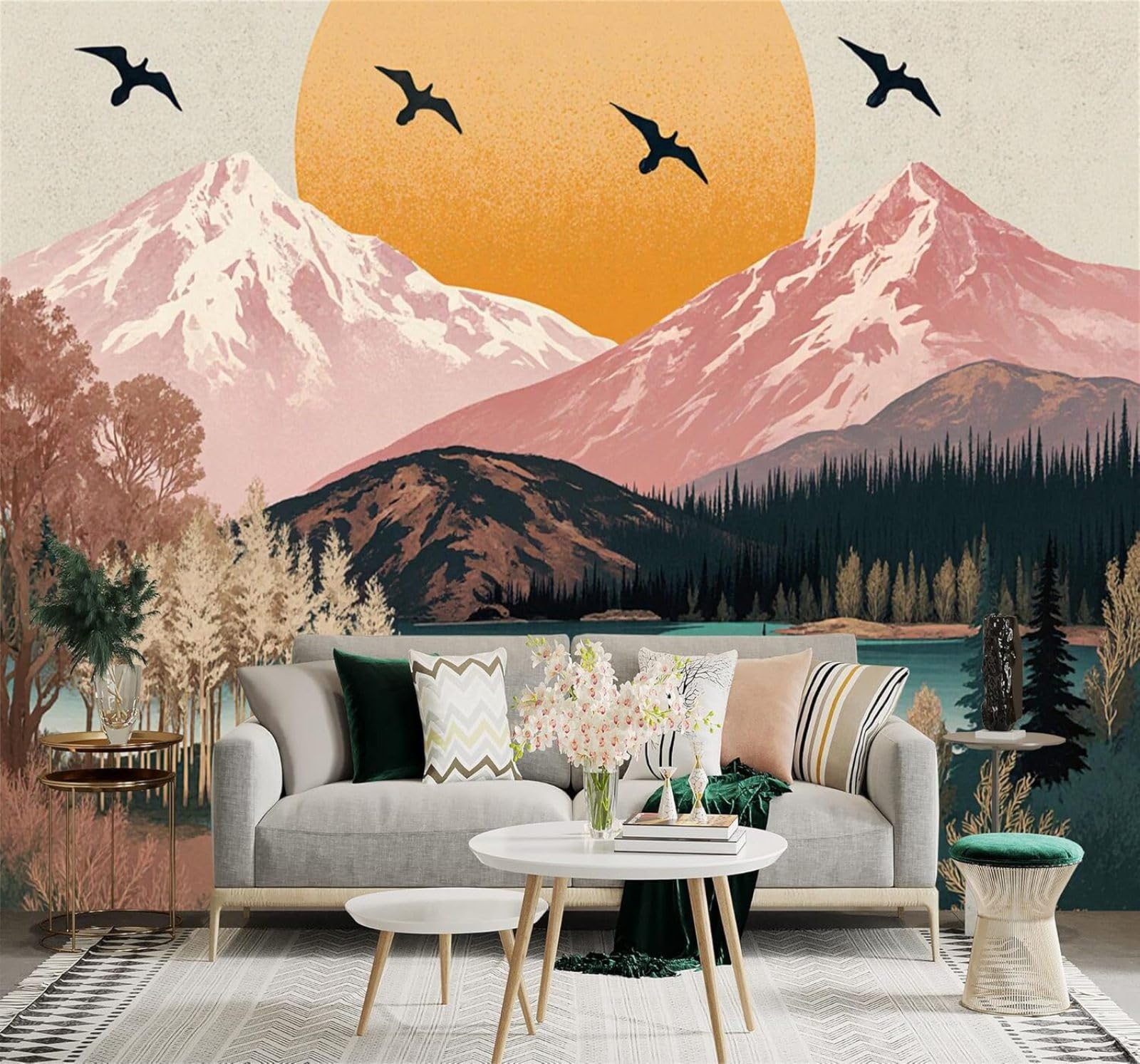 XLMING Snow Capped Mountains Birds in Flight Sunset Pine Forest Seascape 3D Wallpaper Silky Texture Home Study Office Grey Dining Room Sofa Bedroom Living Room TV Backdrop-350cm×256cm