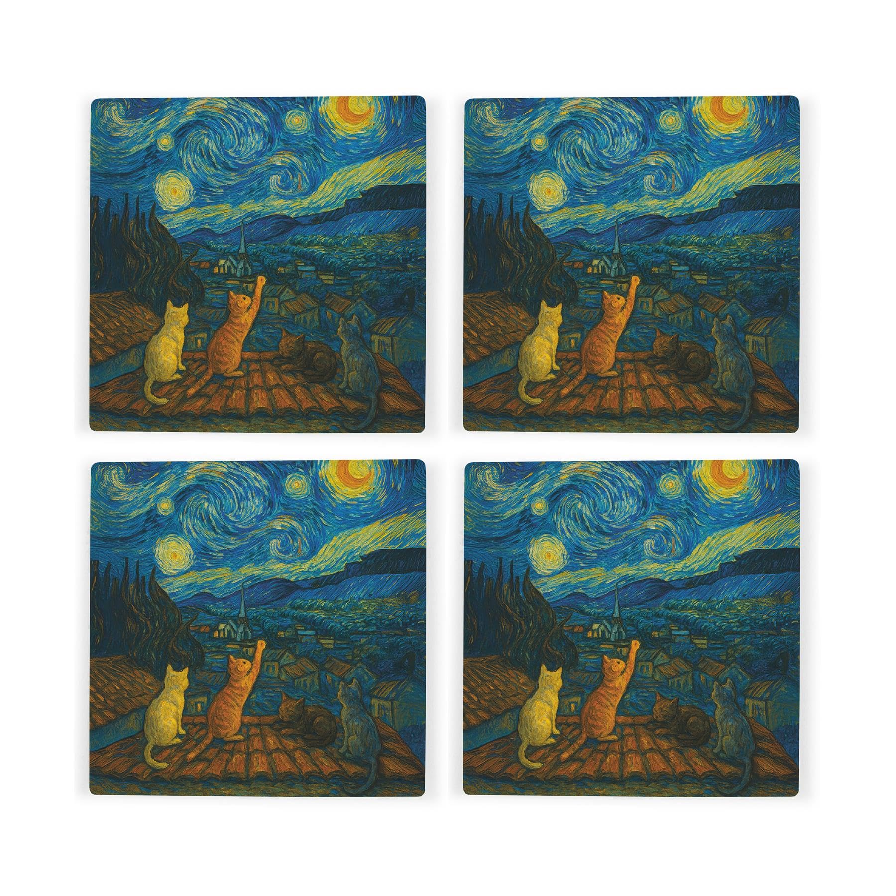 Van Gogh Starry Night Cats Ceramic Coaster Set - Tableware Gifts for Cat Lovers - Square Drinks Coasters 4 Pack