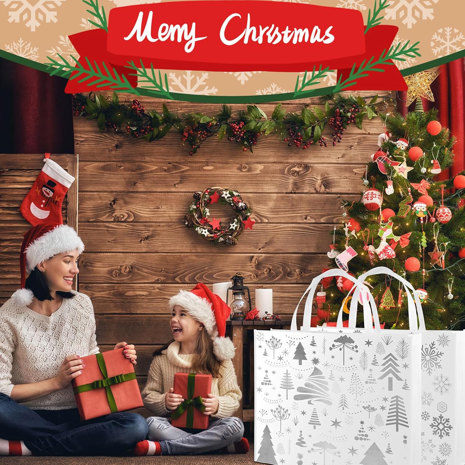 PerKoop 4 Pcs Extra Large Christmas Snowflake Gift Bag 20 x 16 Inch Jumbo Metallic Silver Bag Large Tote with Handles Christmas Tree Reusable Non Woven Gift for Xmas Party Favor Supplies