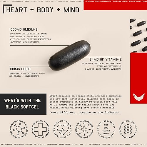 Miniatura 8 de High Level Science CoQ10, Omega-3, Vitamina E - Cardiólogo formulado para el corazón, cuerpo + salud mental con DHAEPA, antioxidante para la