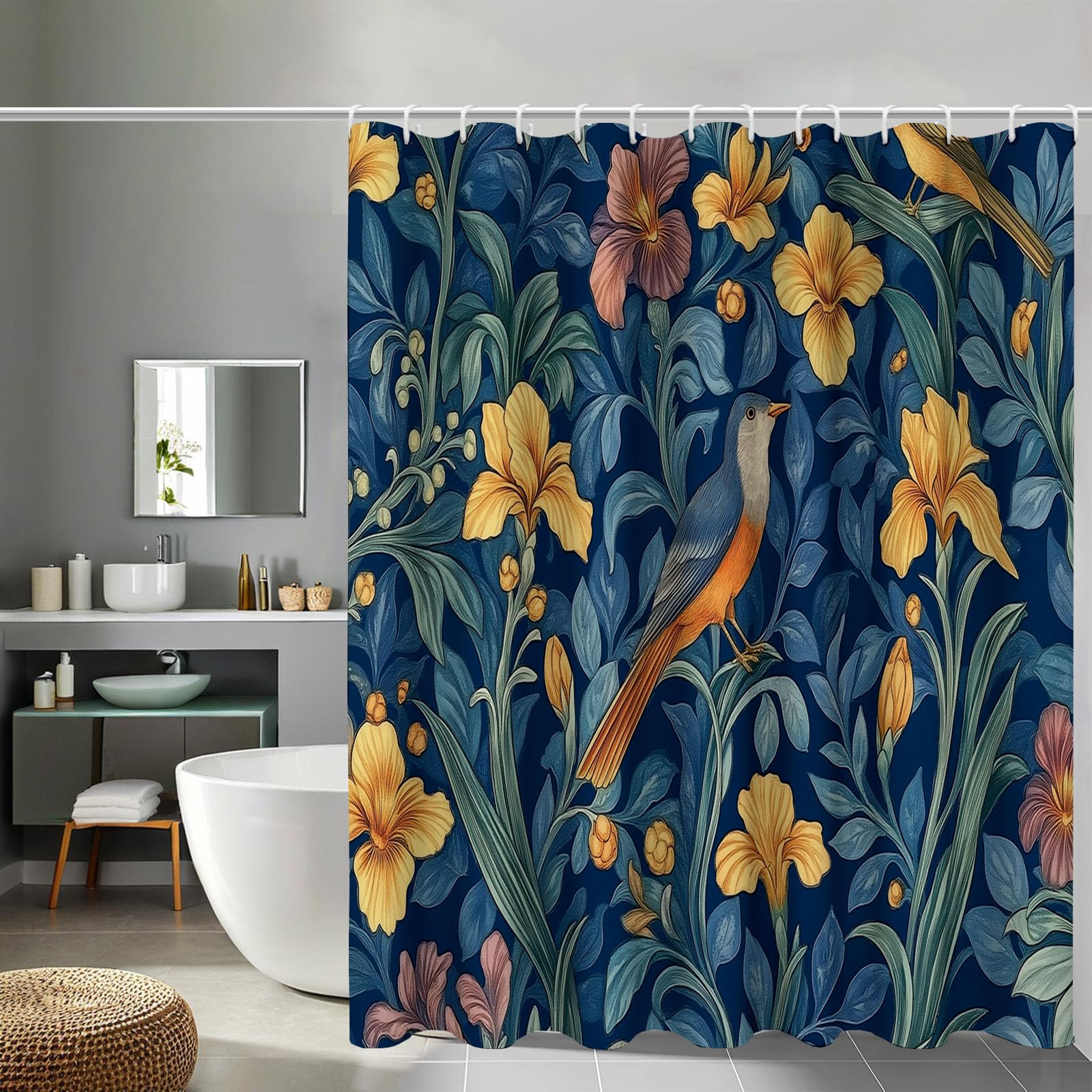 Rideau de douche salle de bain oiseaux vintage pour une décoration marine relaxante