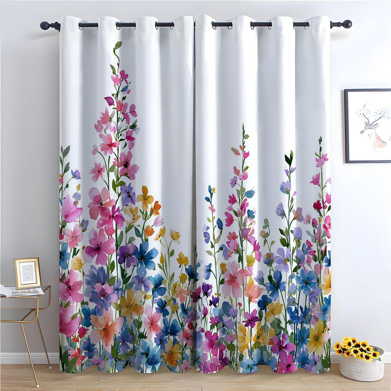 TERUEA Polyester Fabric Curtains Soft watercolor mixed wildflower Curtains Botanical Thermal Insulated Noise Reducing Drapes Window Treatment-42 W x 54" L (Pack of 2)