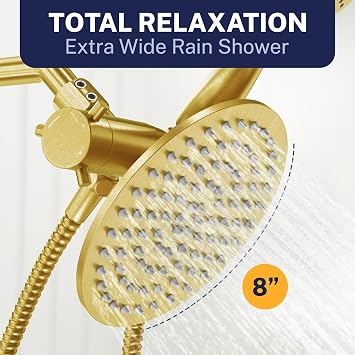 HammerHead Showers Solid Metal Dual Shower Head Combo BRUSHED GOLD 8 Inch Rainfall High Flow Shower Head & 3-Flow Handheld Shower Head High Pressure with Hose 6ft - Luxury Double Shower Heads