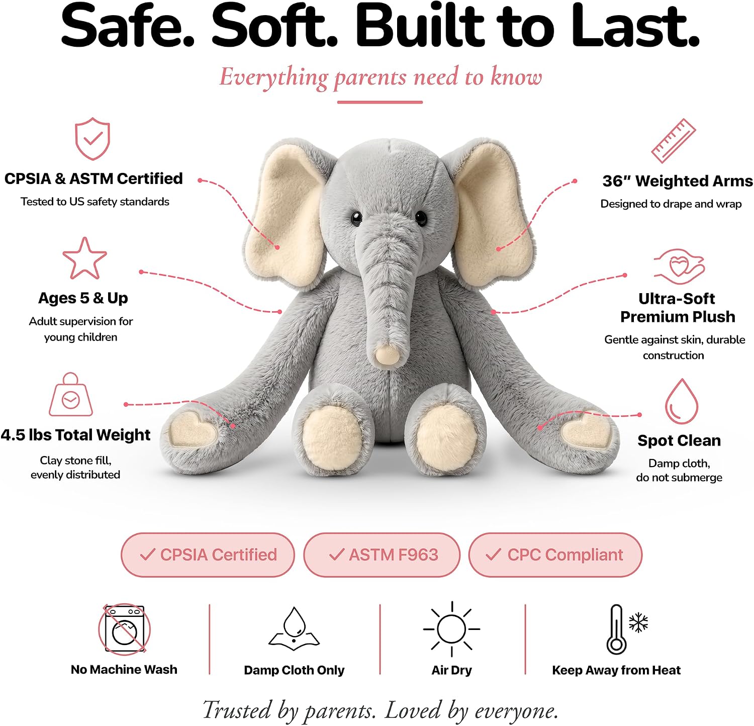 Huggle Healers Weighted Stuffed Animals for Adults, Teens and Kids - 36 Inch Long Plush Arms for Hugs - 4.5lb Elephant Stuffed Animal Plushies - Hathi Elephant
