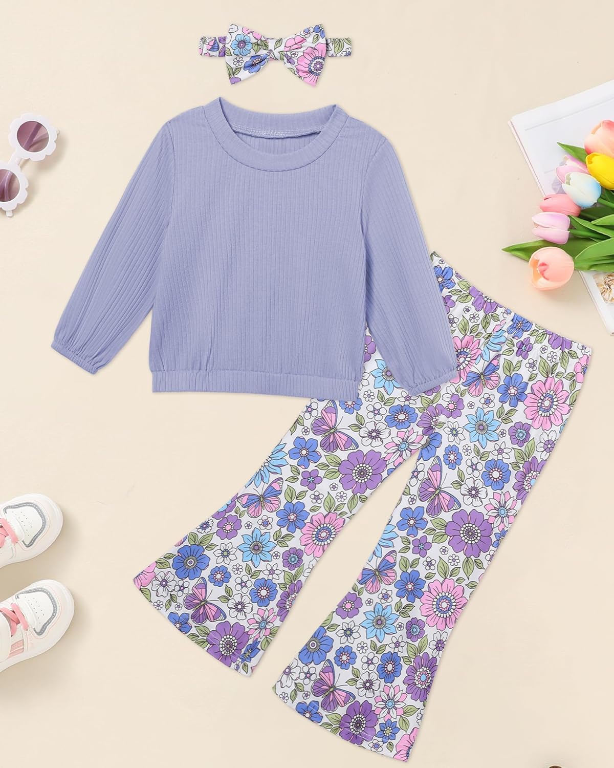 Toddler Girl Clothes Crewneck Long Sleeve Top+Floral Flared Pants Bell Bottom Outfits with Headband 1-6T - Image 7