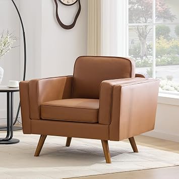 Kingfun Modern Accent Chair, Living Room Chairs, Faux Leather Reading Armchair, Mid Century with Dual-Layer Armrests, Solid Wood Frame, Easy Assembly for Small Spaces, Brown