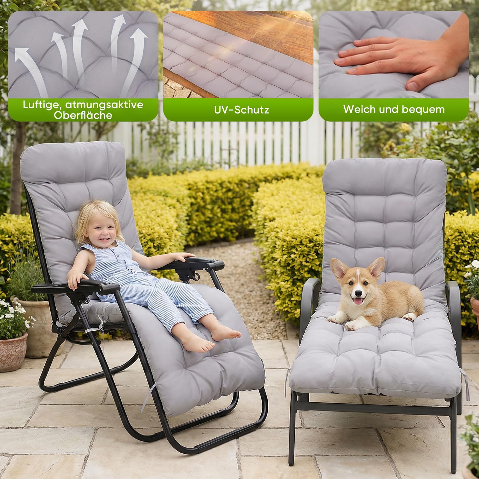 Lot de 2 coussins pour chaise longue - 170 x 53 x 8 cm - Épaisseur : 170 x 53 x 8 cm - Pour chaise longue - Avec cravate - Pour vacances, extérieur, chaise longue - Gris