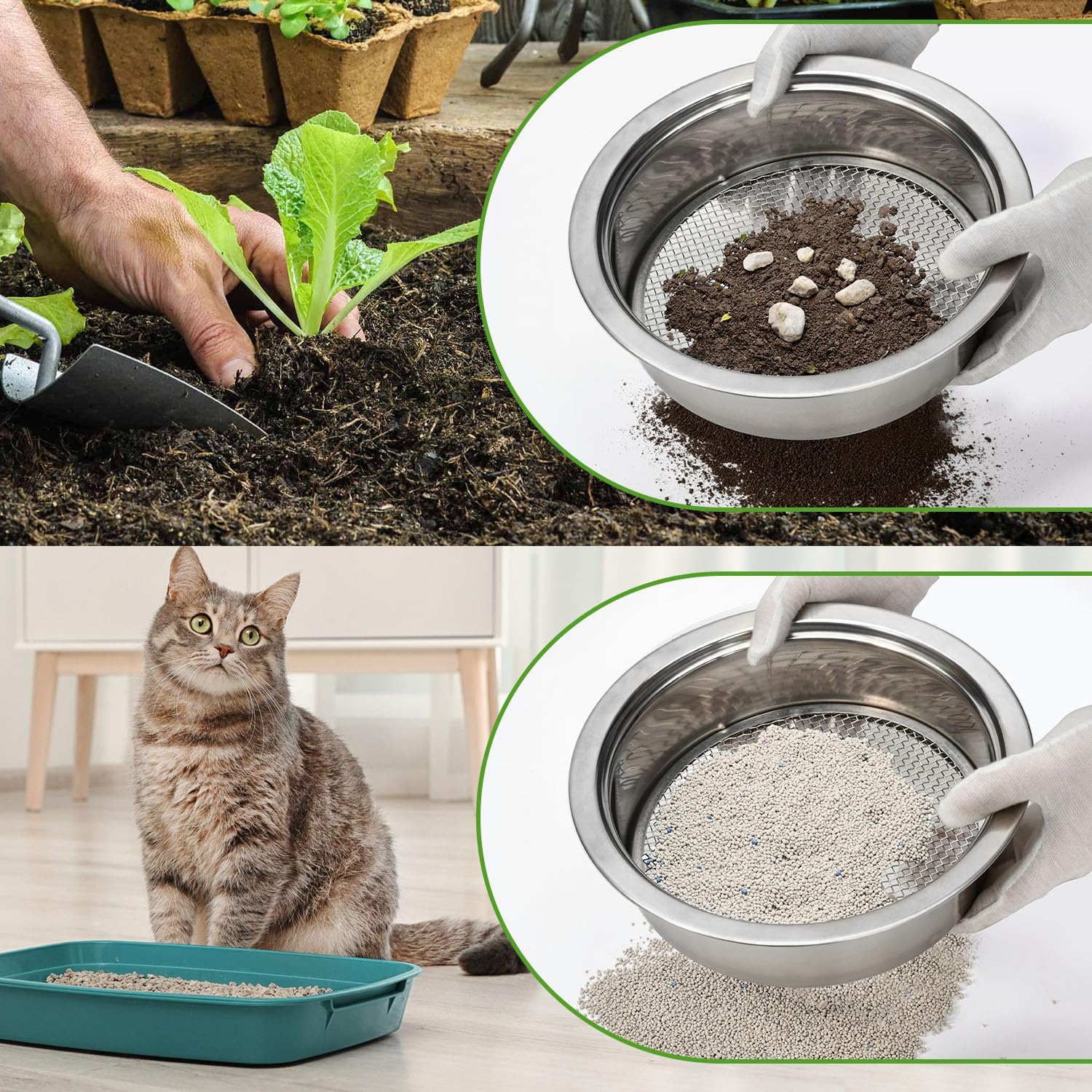 Erdsieb Set Garten Erde Sieb Edelstahl Maschensieb Kompostsieb mit 5 austauschbaren Maschen 1,3,6,9,12mm und Bonsai Erde Schaufel