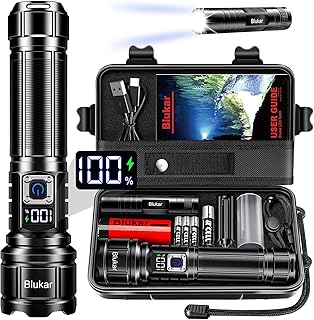 Blukar Torch Rechargeable, 500000 Lumens Torches LED Super Bright Flashlight, Adjustable Focus, 5 Modes, 5000 mAh Long Lasting, IP67 Waterproof, Smart Digital Display for Camping, Power Cuts,Emergency