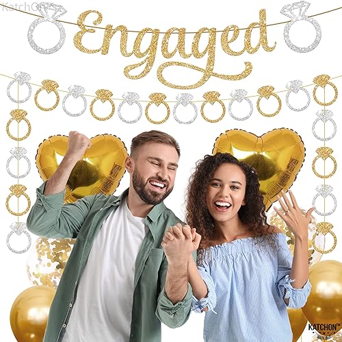 Miniatura 9 de KatchOn, Cartel de compromiso con purpurina dorada y plateada preencordada, 2 cuerdas, 10 pies, sin bricolaje, decoraciones de fiesta de compromiso,