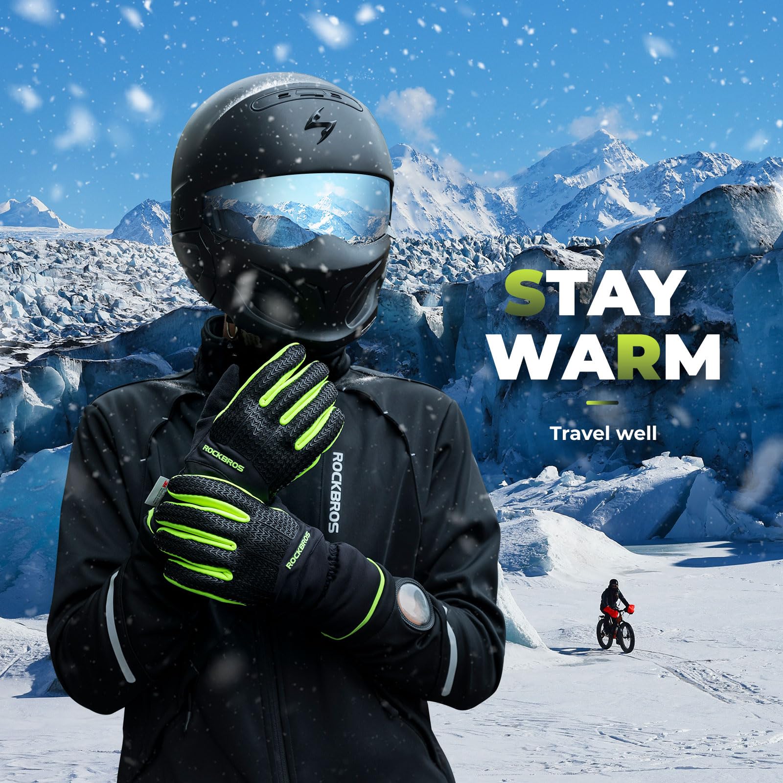 ROCKBROS Guanti Invernali Termici Thinsulate, Guanti da Ciclismo Sci Corsa Uomo Donna, Touch Screen, Antivento Caldo, Palmo Antiscivolo, Nero Verde