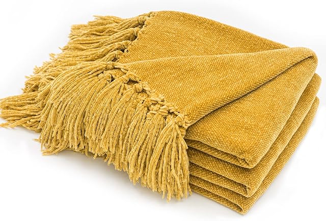 RECYCO Chenille Throw Blanket with Tassels Soft Cozy Sofa Chair Bed Gift, 152x127cm, Mustard Yellow