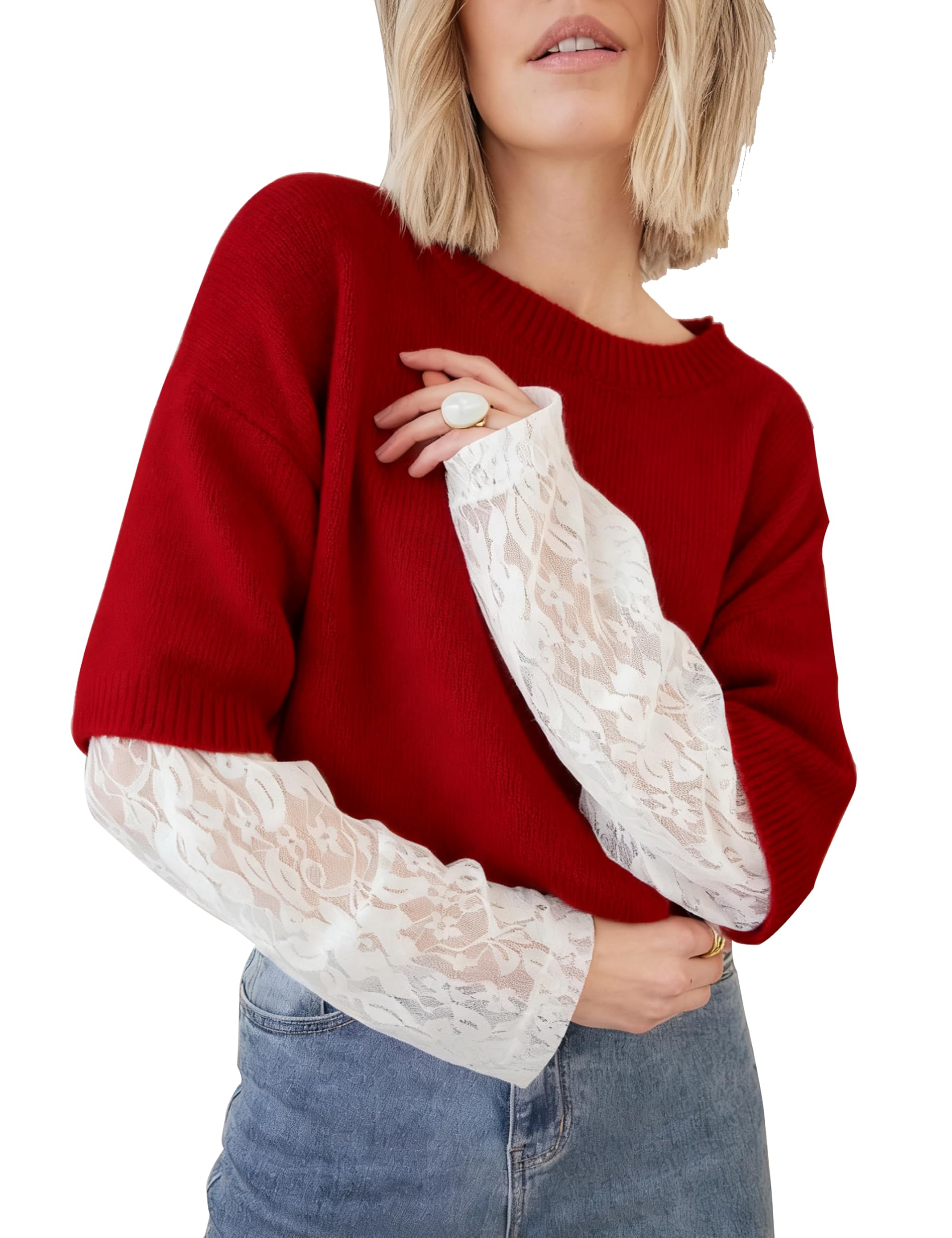 Womens Lace Long Sleeve Sweater Crewneck Casual Loose Ribbed Knit Top