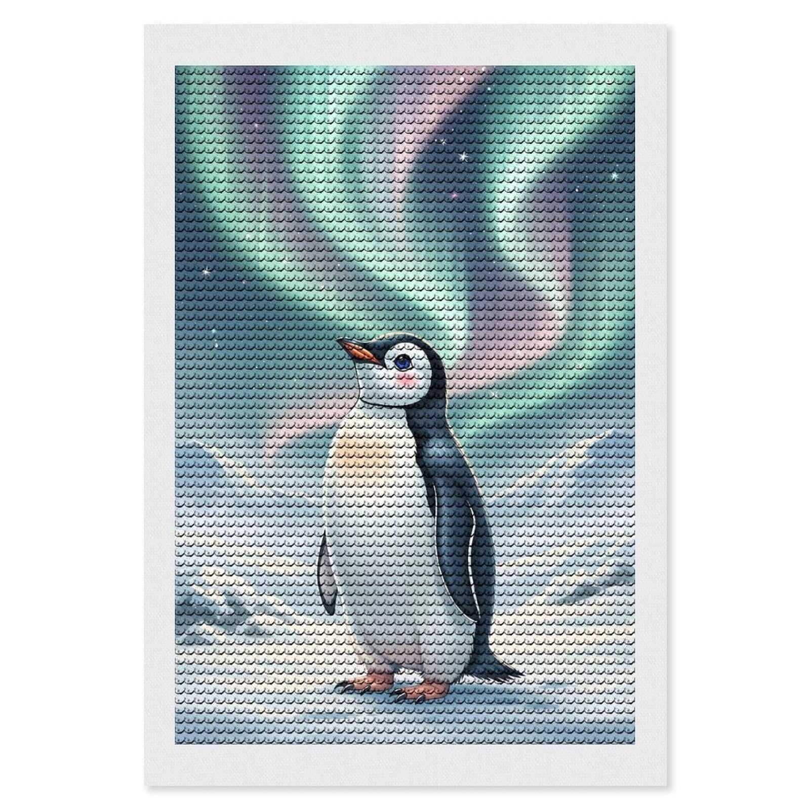 Junmoney Cartoon Penguin Under Aurora Borealis Diamond Painting Canvas Kit 8"x12", for Teens, Vintage Style Decor, Modern Decor, Home Wall Art, Festive Craft Gift