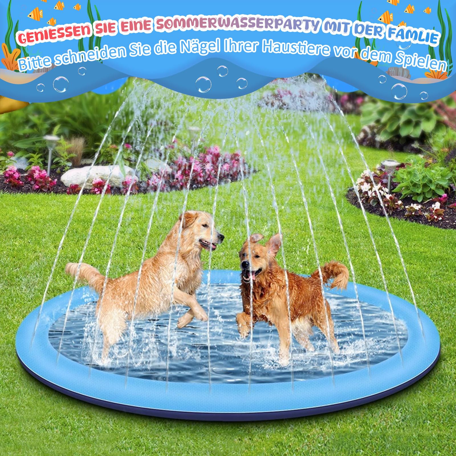Splash Pad Hund Wasserspielzeug mit Antirutschfunktion, 200cm Runde Wasserspielmatte Outdoor Wassermatte Wassersprinkler Sommer Gartenspiel Ausschließlich für Hunde und Haustiere