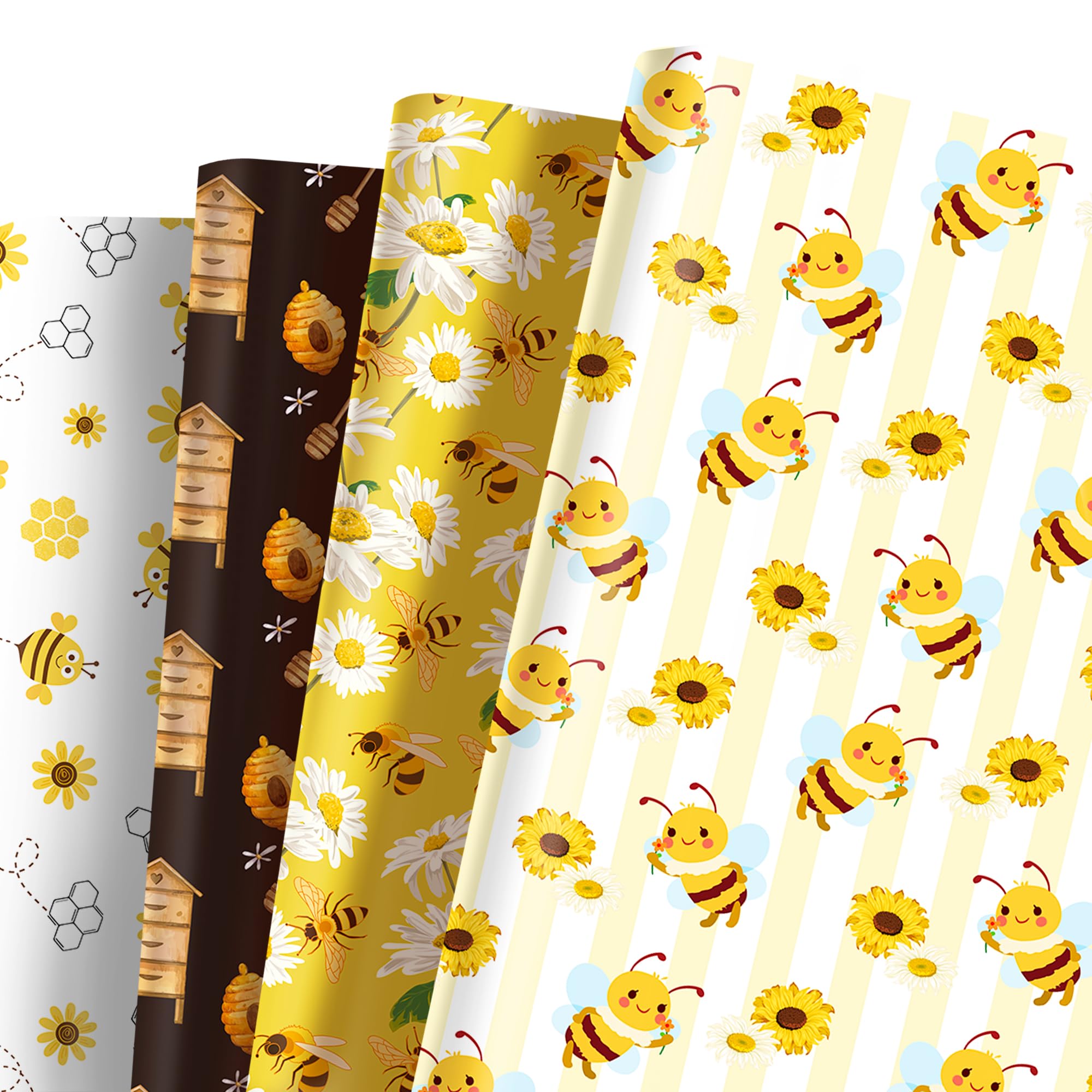 Jajajuegos 12 Sheets Bee Wrapping Paper Set - Yellow Black Bee Honeycomb Pattern - Gift Wrapping Paper for Winter Baby Shower, Birthday Party