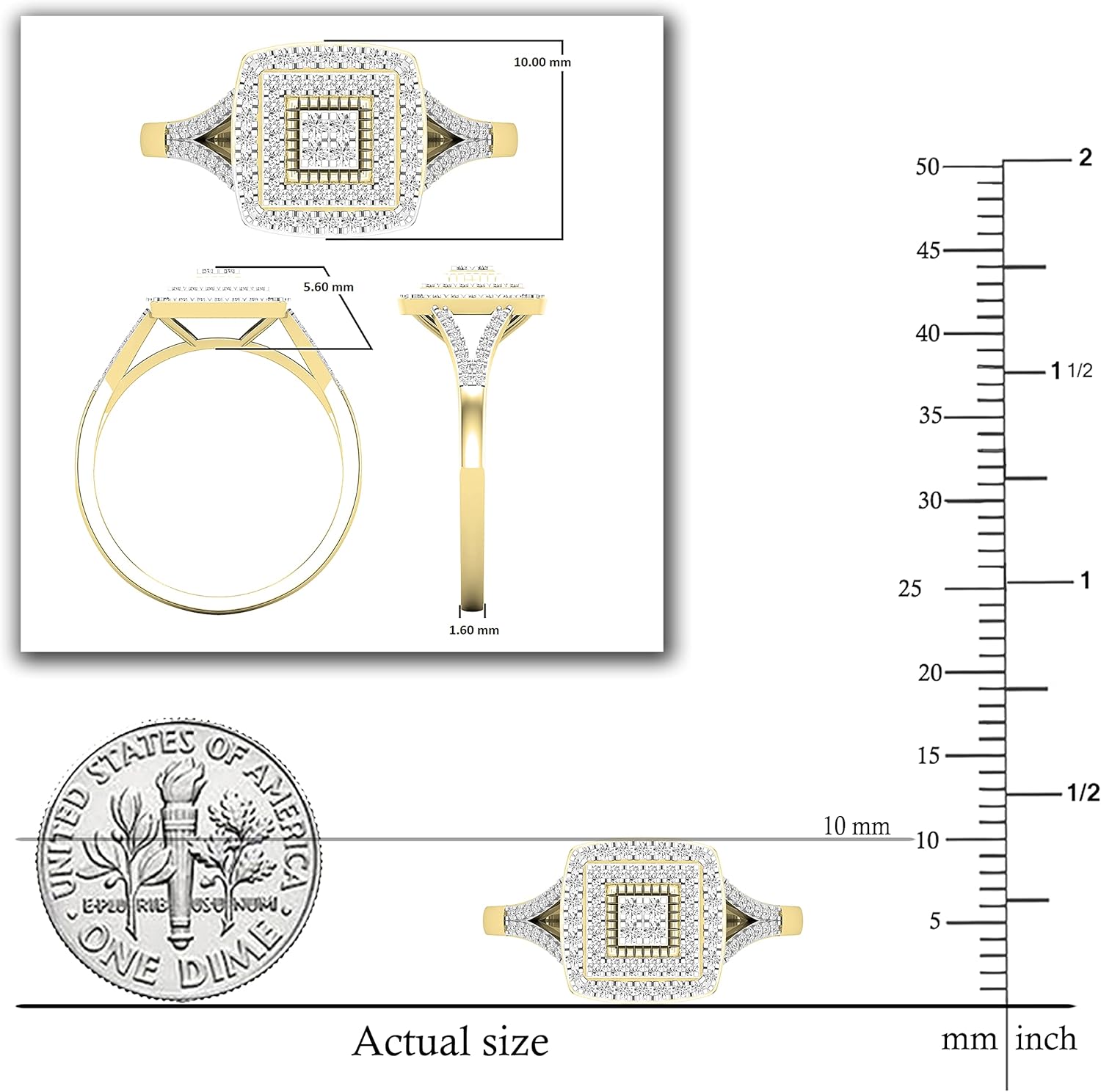 Dazzlingrock Collection Round White Natural Diamond Split Shank Square Cushion Cluster Engagement Ring for Women (0.38 Ctw, Color I-J), in Real Solid Gold
