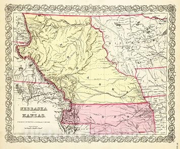 Nebraska and Kansas - Railroad Map, 1856 - Coltons Atlas Historical Map Print - 24in x 20in