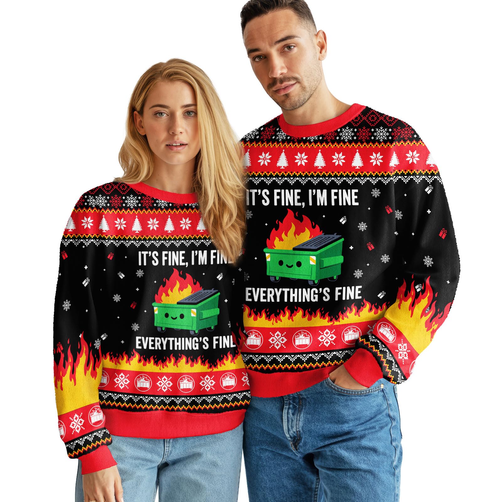 99TIMORO Its Fine Im Fine Ugly Christmas Sweater for Men and Women, Holiday Pullover Novelty Crewneck Sweatshirt, Festive Outfit Gift