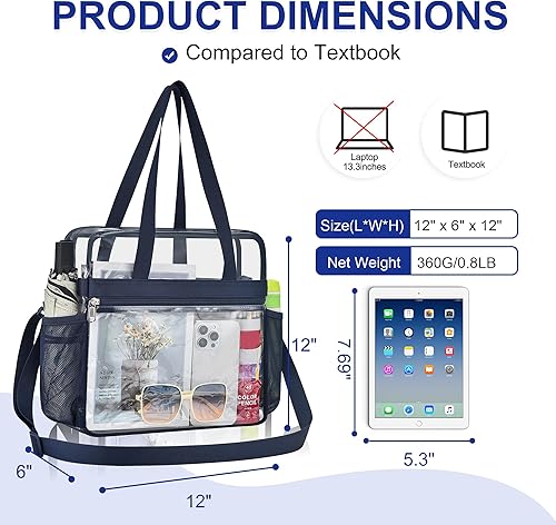 Vista 95 de Oraben Bolsa transparente transparente aprobada para estadios de 12 x 6 x 12 pulgadas, bolsa de estadio para trabajo, juegos deportivos, gimnasio