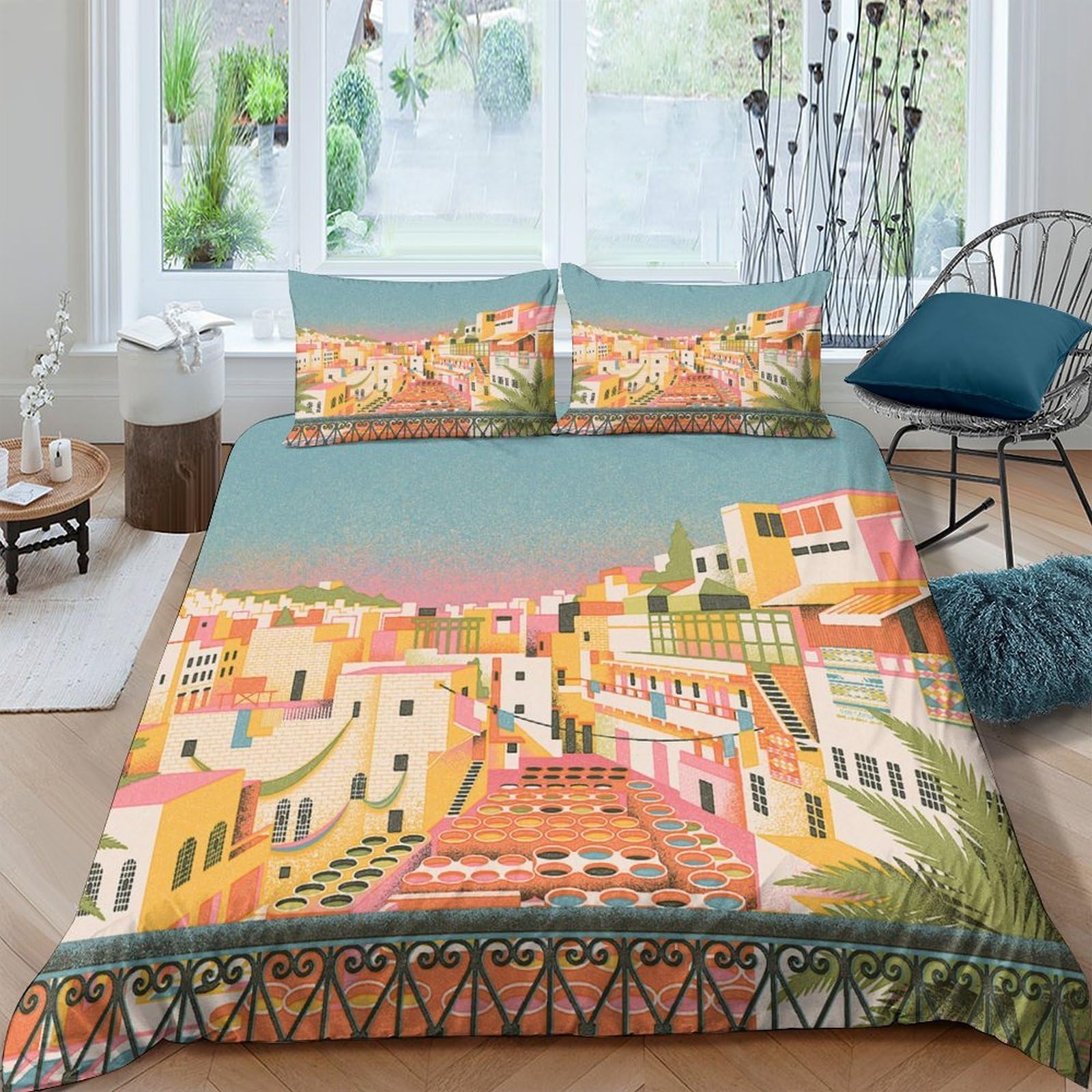 Ctjqhvkz Style-7 3D Printed Mediterranean Town Fitted Sheet Microfiber Soft Breathable Sunset Street Mattress Cover Bedroom Decor Single（135X200cm）