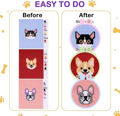 Miniatura 4 de Caydo 5 kits de punto de cruz para niños con patrones de gatos y perros, kits de punto de cruz estampados para principiantes, llavero, dijes de