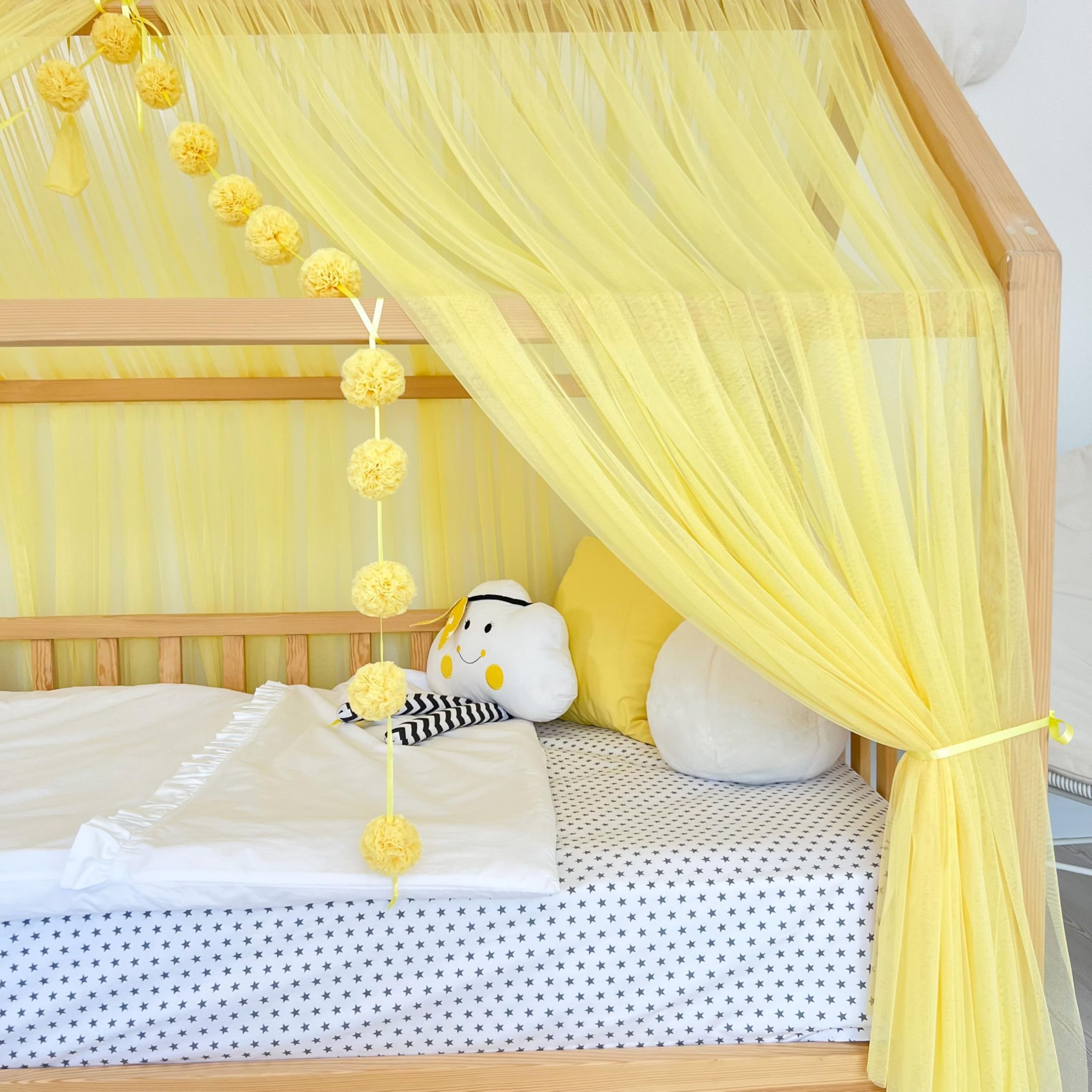 Tenda a baldacchino per letto della cameretta dei bambini, decorazione per pavimento e letto, tenda da gioco in morbido tulle per bambini (giallo, 420 cm, set da 4)