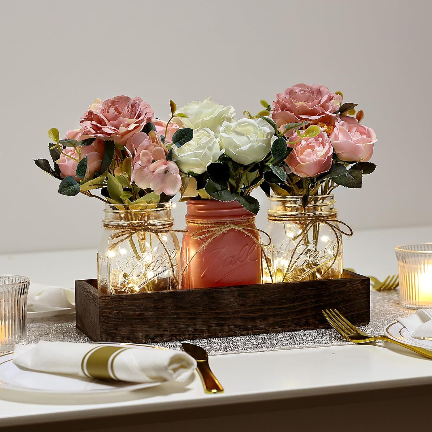 Valentine's Day Mason Jar Centerpiece Table Decor for Dining Room Farmhouse Coffee Table Decor with Wood Tray Fairy Lights Fake Flowers for Kitchen Living Dining Room - Pink White, 11 inches - Image 3