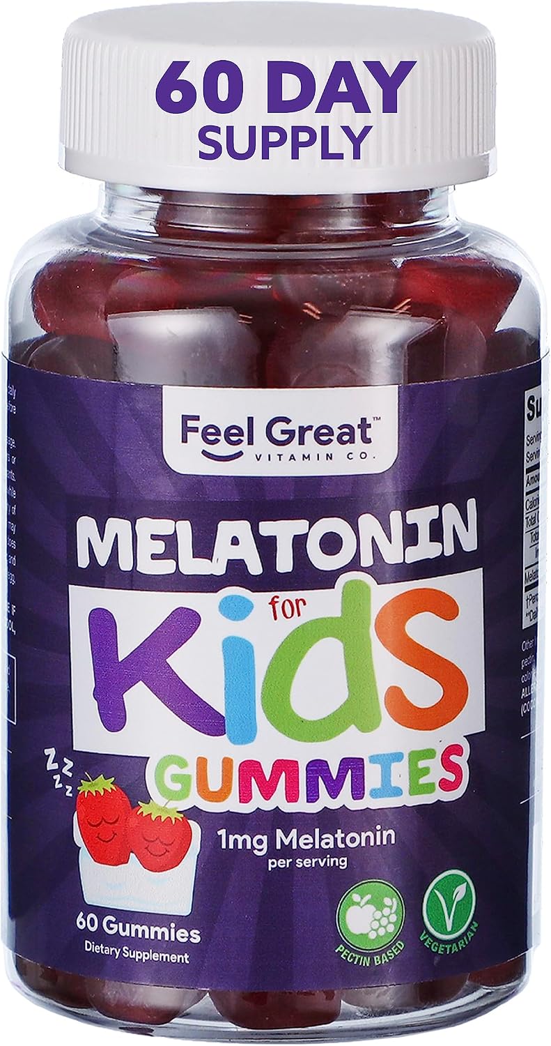 Melatonin Gummies for Kids (1mg) by Feel Great Vitamin Co. | Natural, Drug-Free Sleep Aid for Kids | Vegan + Gluten-Free Sleep Gummies for Children | 60 Count