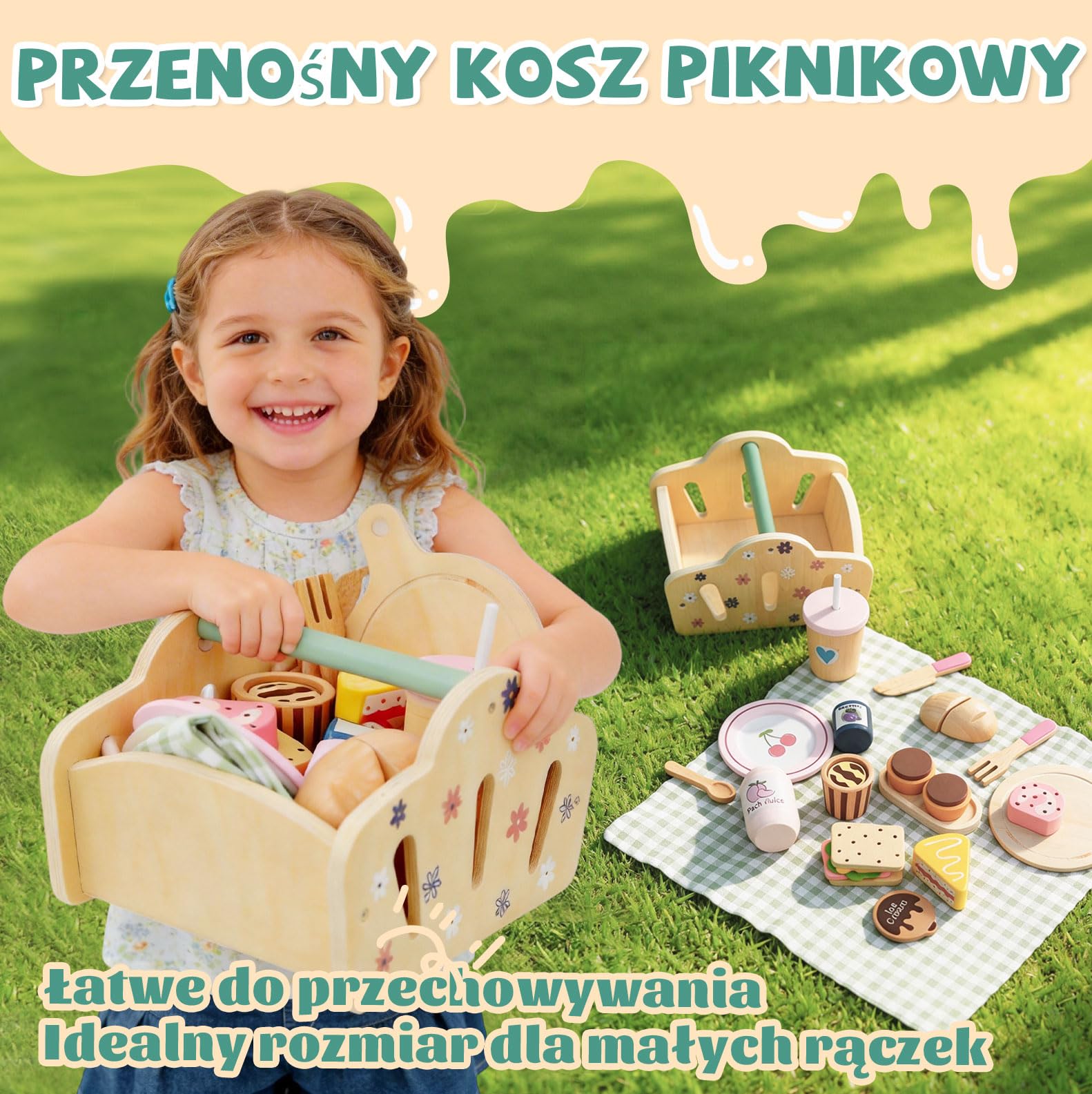Potatomato Zestaw na piknik dla dzieci z zestawem do herbaty dla dzieci wraz z zabawkami do deserów - drewniane zabawki i zabawki na podwórko dla chłopców i dziewczynek