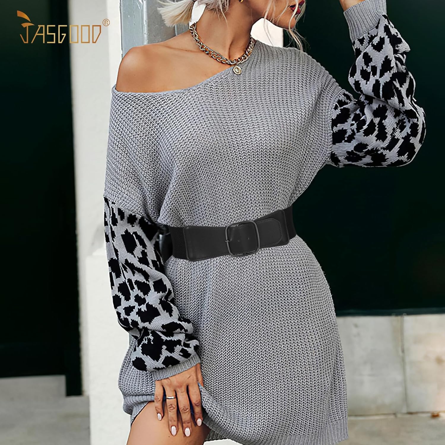 JASGOOD Women Elastic Wide Belt Ladies Stretchy Waist Belt with Square Buckle for Dress - Image 2