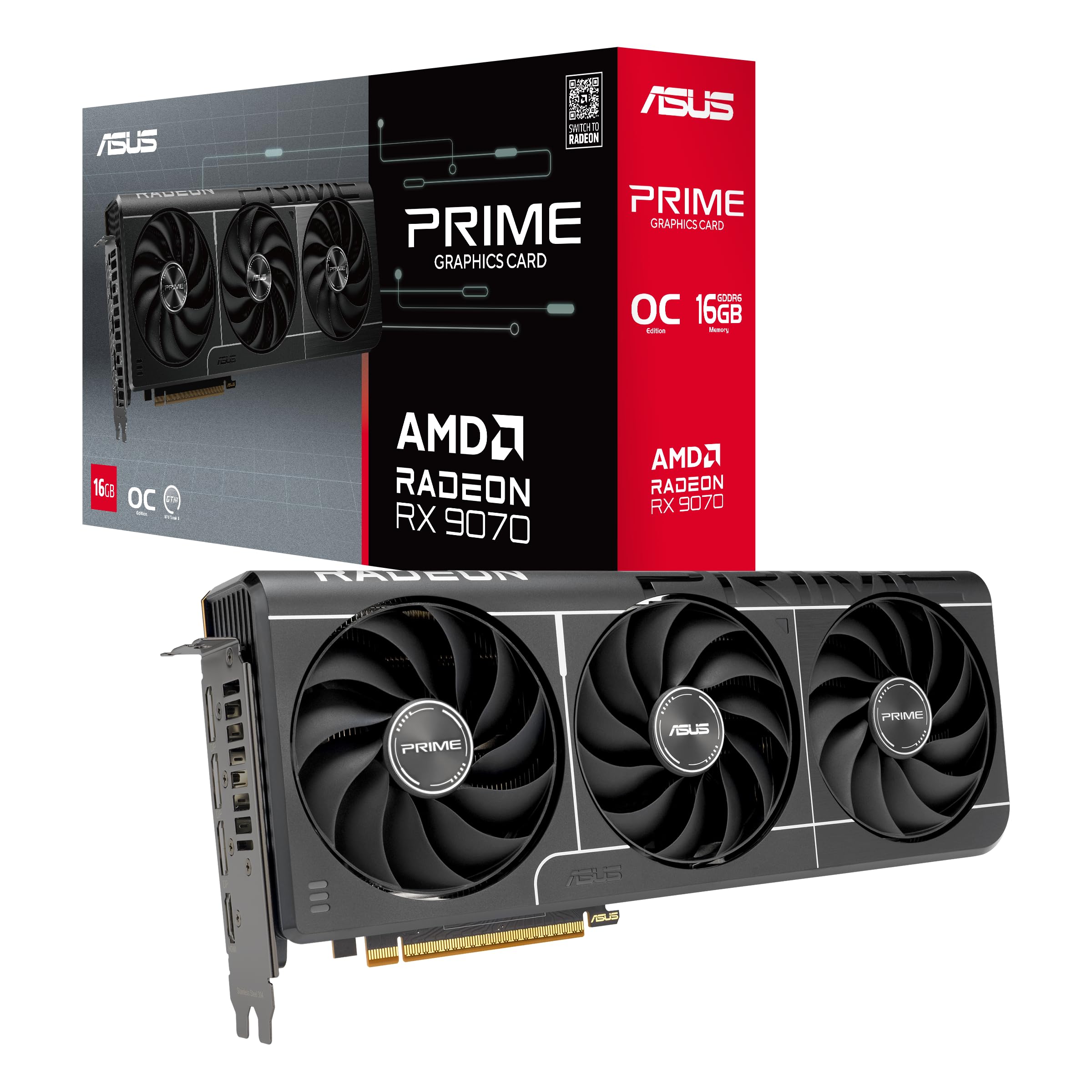 ASUS Prime Radeon™ RX 9070 OC Edition Graphics Card (PCIe 5.0, HDMI/DP 2.1, 2.5-Slot Design, axial-tech Fans, Dual Ball Fan Bearings, Dual BIOS, ASUS GPU Guard)