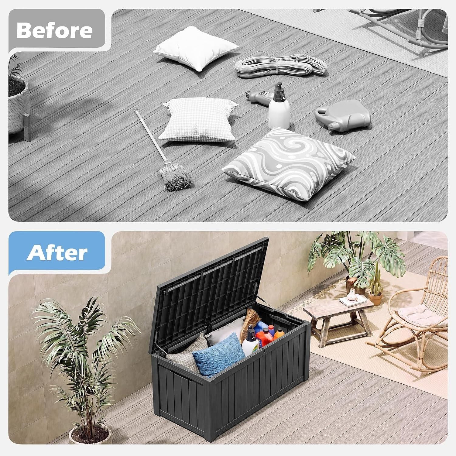Baulera Exterior Impermeable 130L para Almacenaje Terraza, Rayado Negro