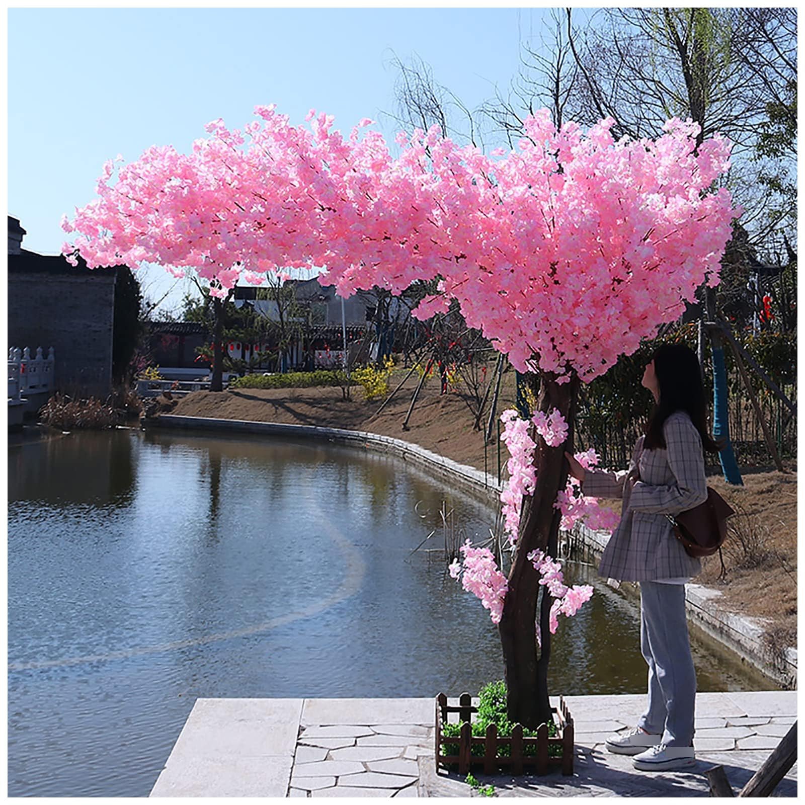 Artificial Cherry Blossom Trees Blossom Tree Handmade Light Pink Tree Indoor Outdoor Home Office Party Flower Silk Fake Tree,001,181x151cm/5.9x4.9ft