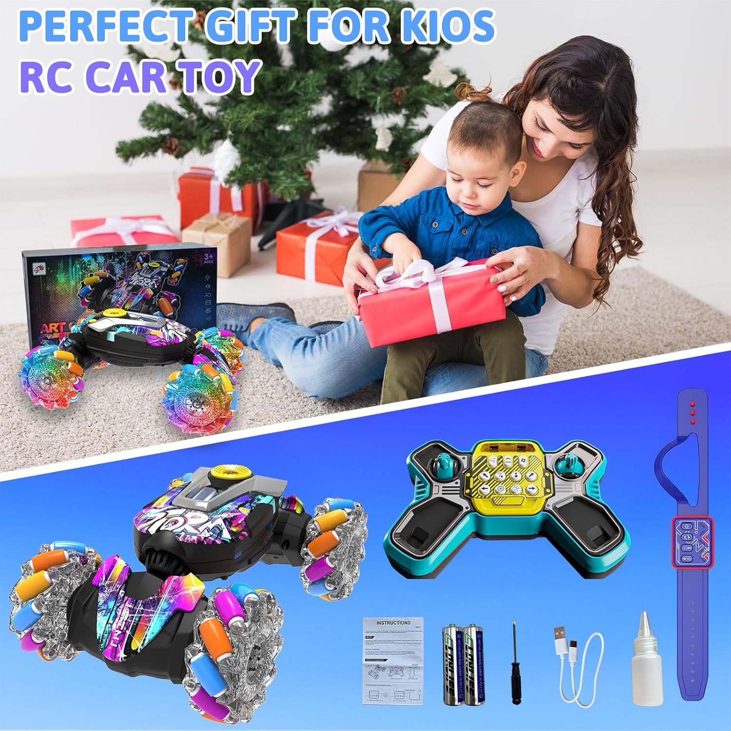 Gesture Sensing RC Stunt Car, 2.4G Remote Control Car Toys for Boys Ages 4-7 8-12, 4WD RC Drift Cars with Lights Music Spray, 360° Spins All Terrains Toys Birthday Gifts for 6-12 Year Old Kids