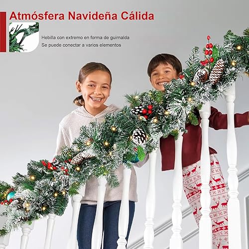 Miniatura 6 de Guirnalda de Navidad con luces, guirnalda flocada preiluminada de 9 pies con 50 bombillas LED, bayas rojas, piñas de pino, guirnalda de pino