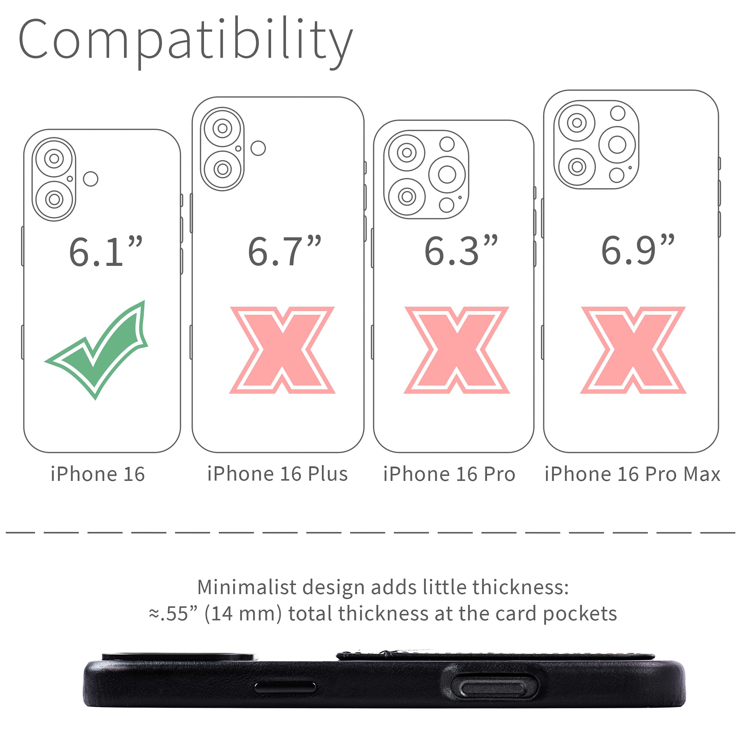Dockem Custodia per Carte in Vera Pelle per iPhone 16 con Piastra Metallica Integrata per Magnetico, Portafoglio Cucito con 2 Tasche per Carte di Credito (Nero, M2GL)