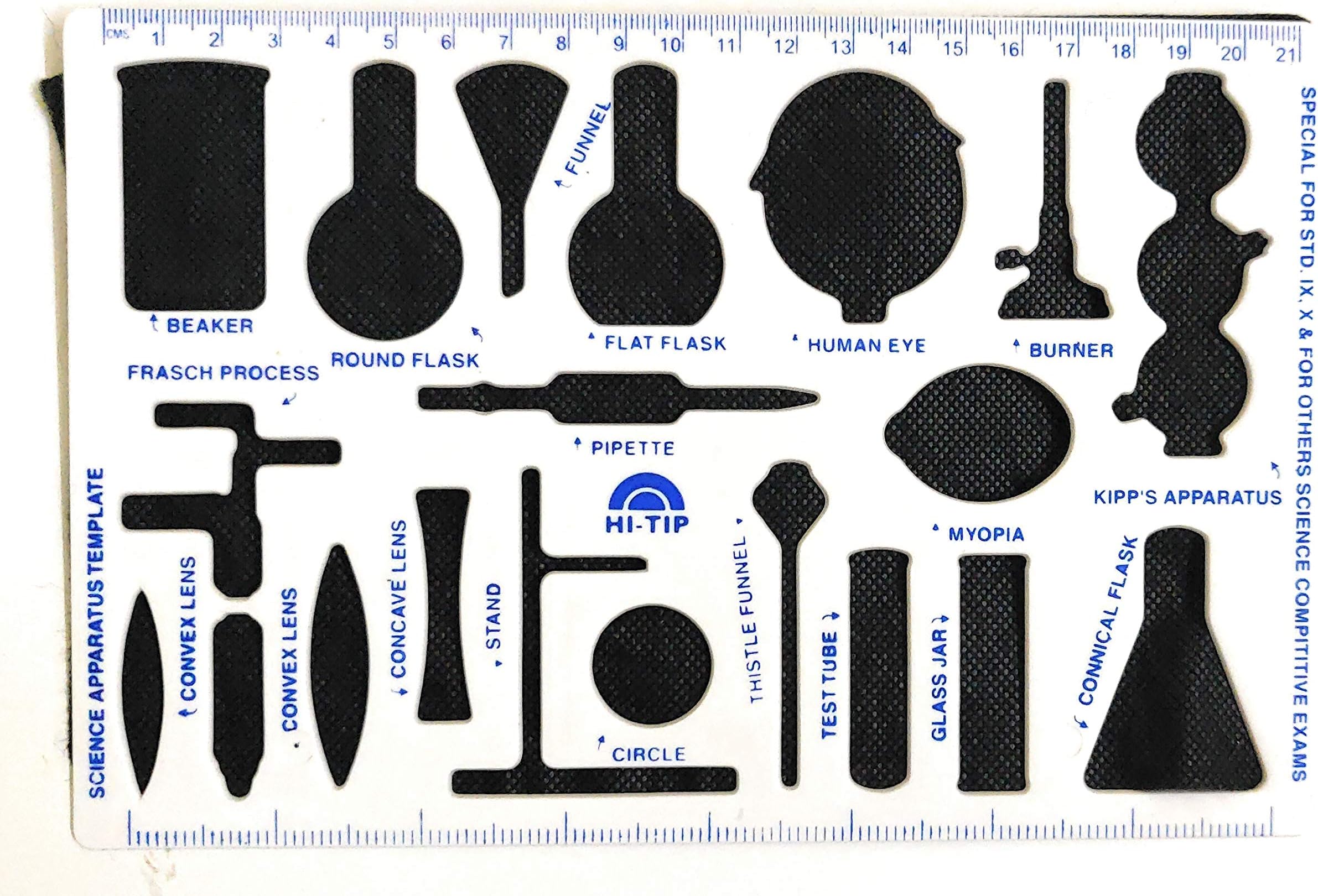 90 Degree® School Science Chemistry Stencil with 20 Different Sizes Instruments with Ruler Attached