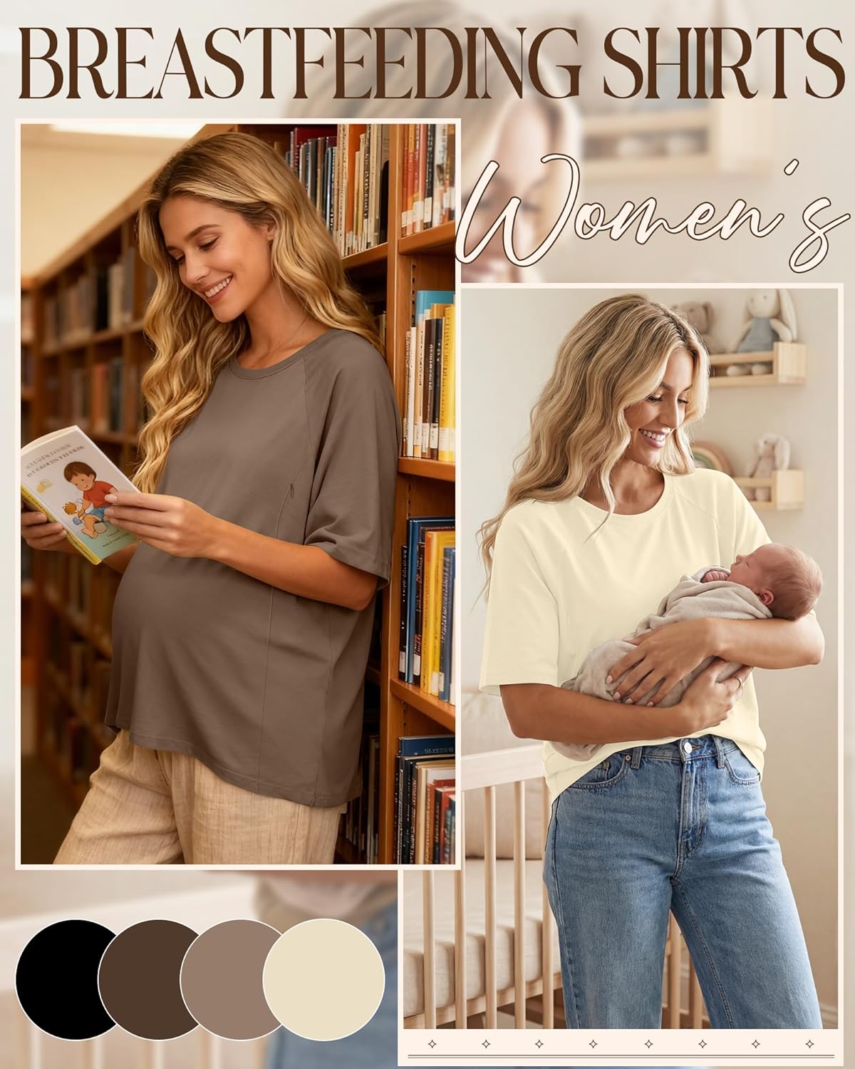 4 Pack Women Nursing T-Shirts for Breastfeeding Maternity with Hidden Zipper Oversized Summer Short Sleeve Tops