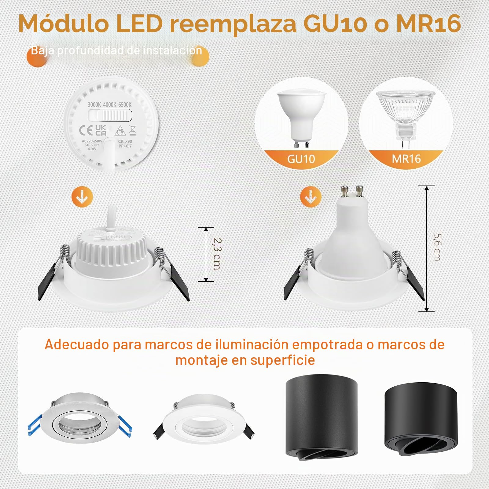 KYOTECH 10x Módulo LED Regulable 4.9W 3CCT Blanco cálido 3000K Blanco natural 4000K Blanco frío 6500K 38°para focos empotrables ø50x23mm Reemplaza la Bombilla GU10 MR16 para Foco Empotrable