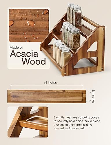 Miniatura 2 de Tinamo Estante de especias de madera de acacia para encimera, bandeja de madera con capacidad para 24 frascos, organizador de especias para estante