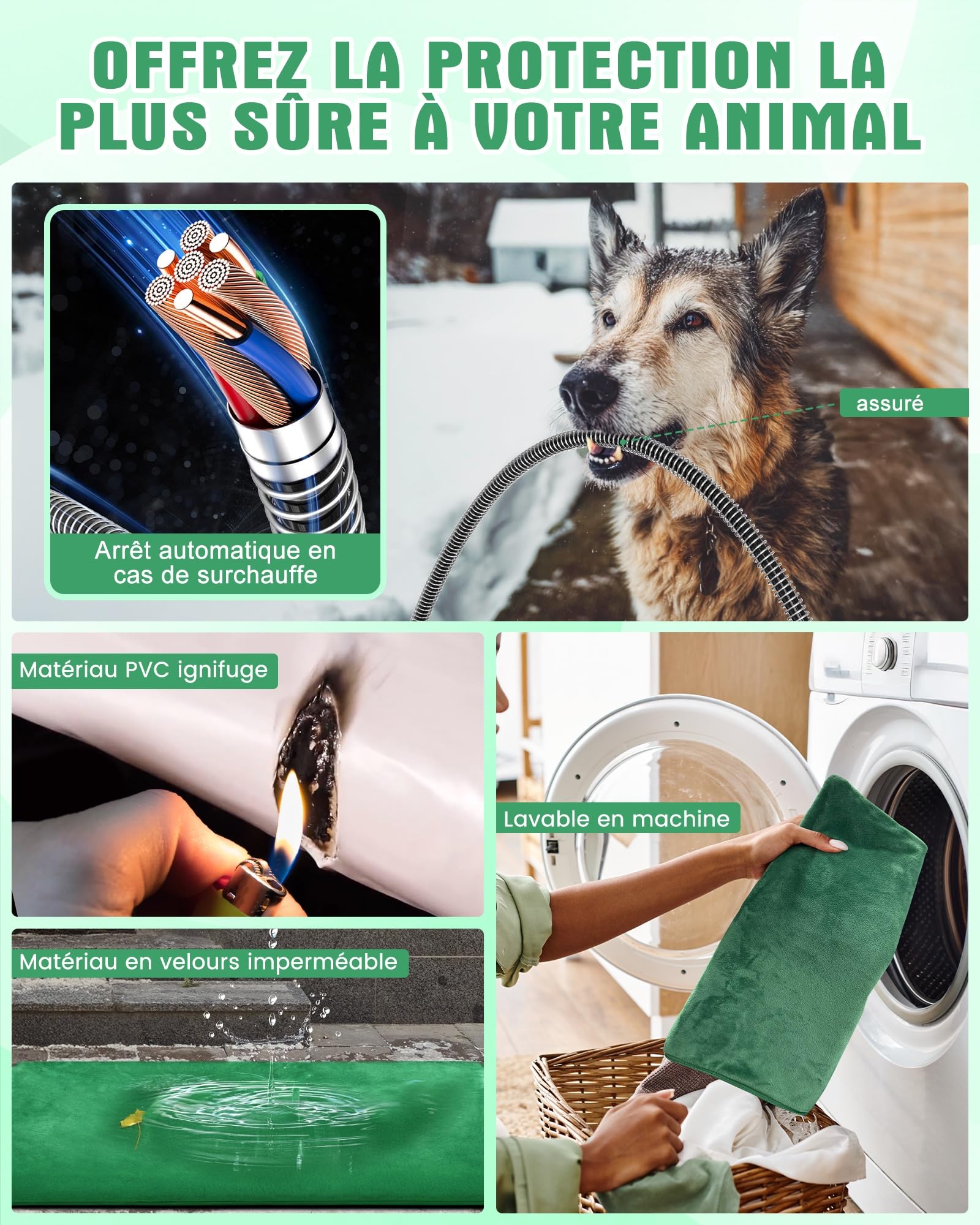 petnf Coussin Chauffant d‘Extérieur pour Chien et Chat - Température Auto-Régulée, Étanche, Câble Anti-Morsure - pour Niche, Maison de Chat et Panier, Vert, 40x50 cm