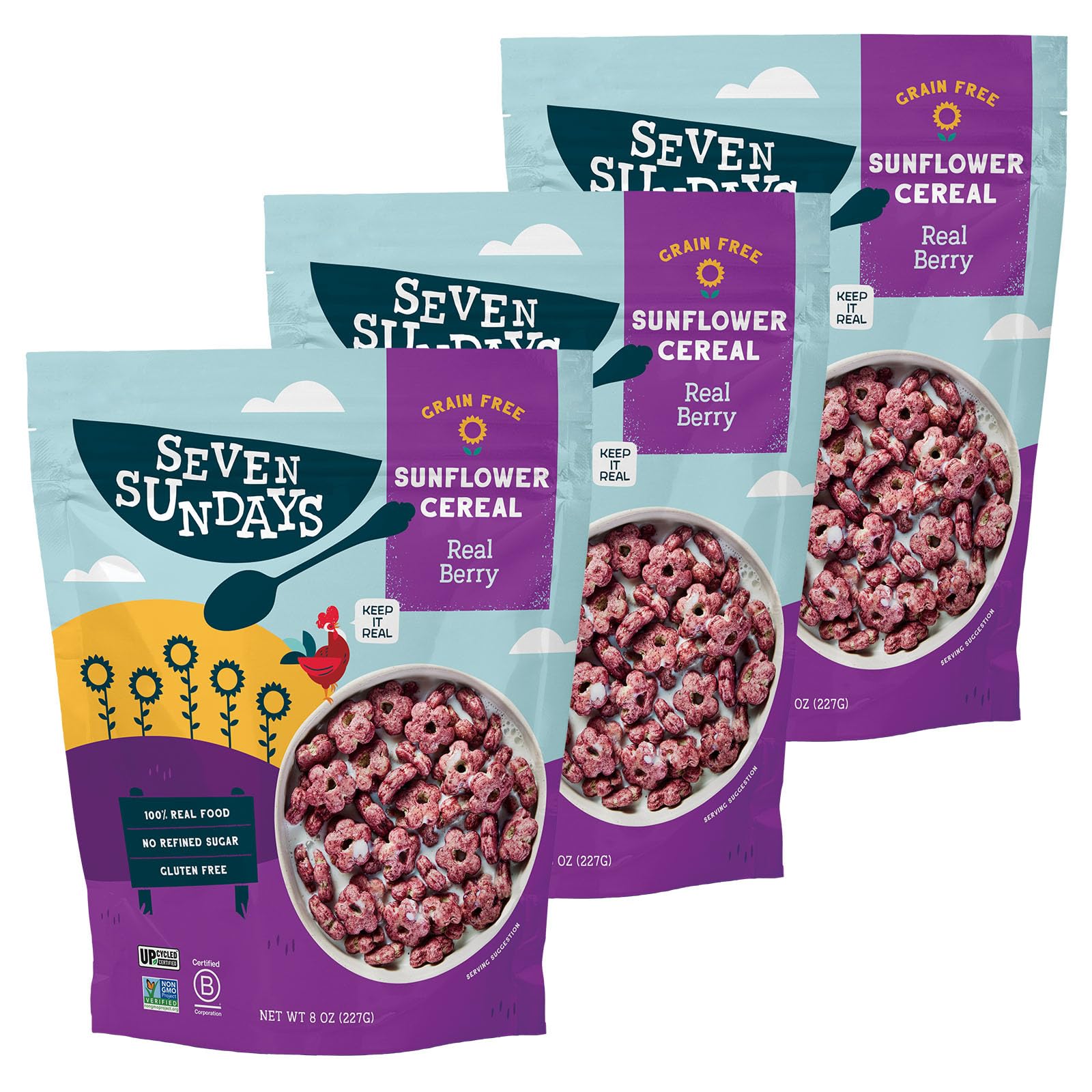 Seven Sundays Sunflower Cereal, Real Berry, 8 Oz Bag (Pack of 3), Grain & Gluten Free, 5g Upcycled Protein, 0g Refined Sugar, Crunchy Fruity Snack