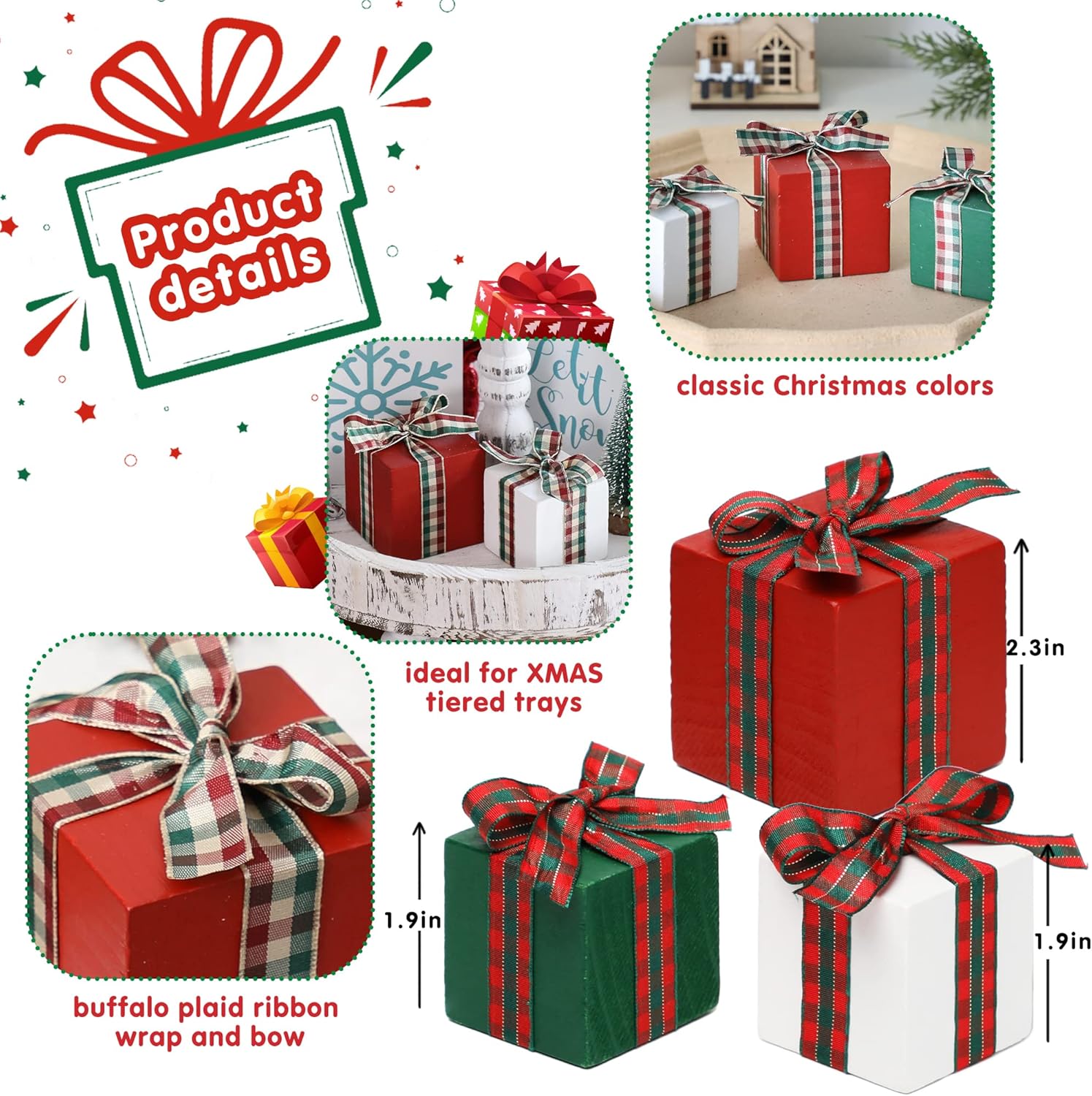 Christmas Tiered Tray Decor Set of 3 Mini Wood Small Table Decor Shelf décor (Buffalo Plaid 1) - Image 3