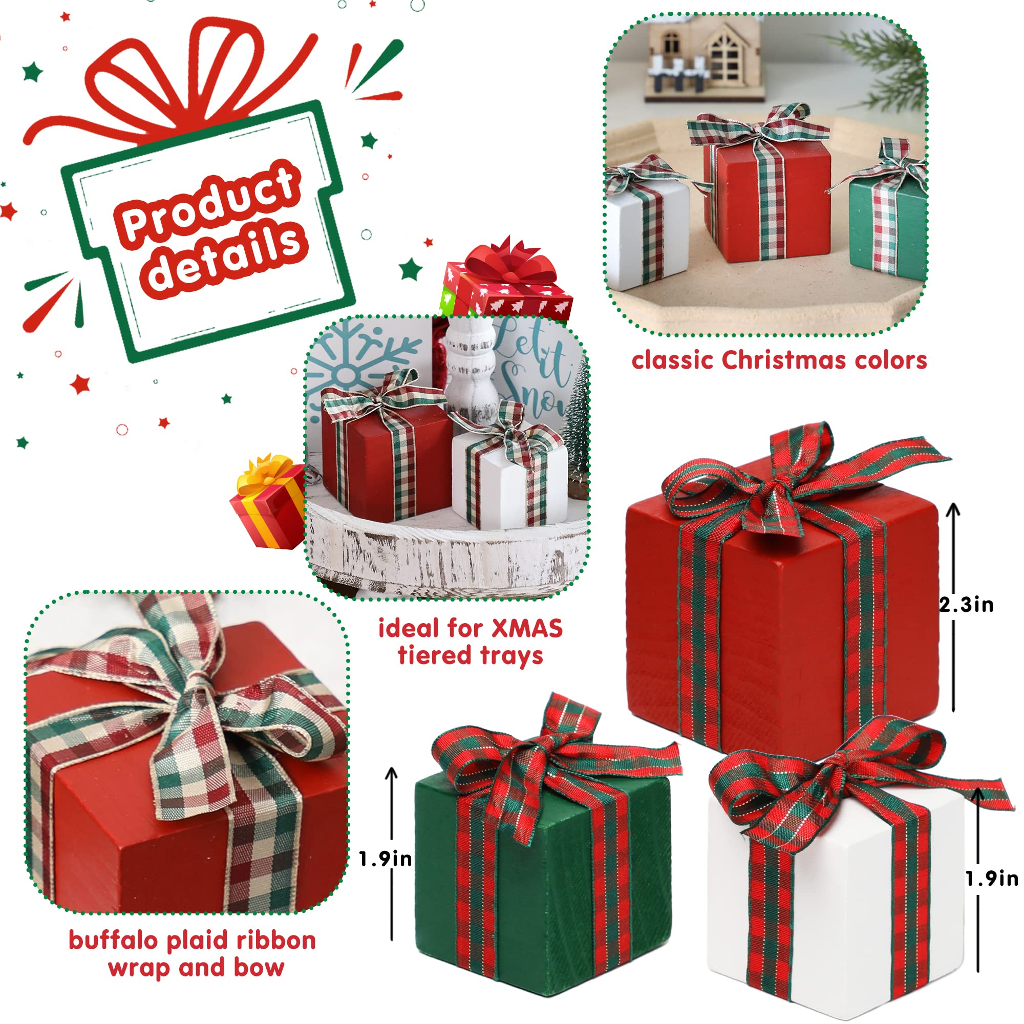 Juego de 3 bandejas escalonadas de Navidad para decoración de mesa pequeña de madera (Buffalo Plaid 1)