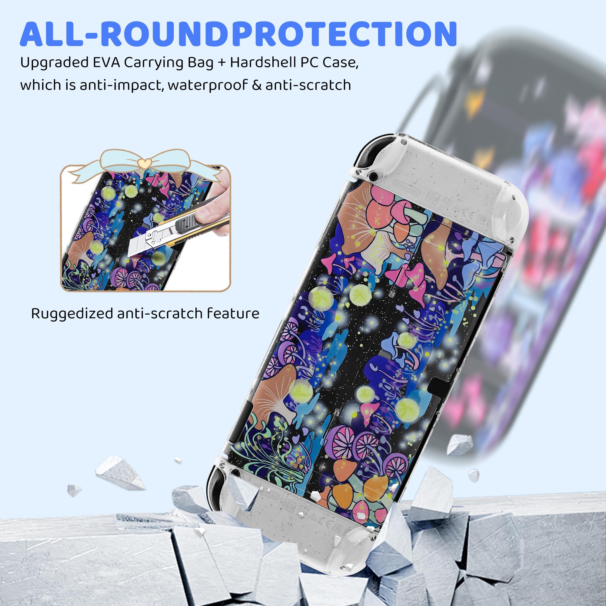 GLDRAM Custodia da trasporto a forma di fungo magico per Nintendo Switch, borsa da viaggio resistente con cover protettiva glitterata, protezione schermo HD Utral, tracolla e tappi per pollice, per